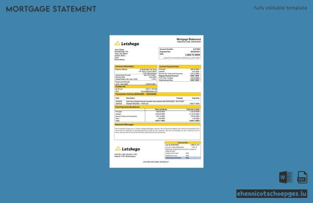 Mozambique Banco Letshego Hypothekenauszug Word- und PDF-Beispielvorschau